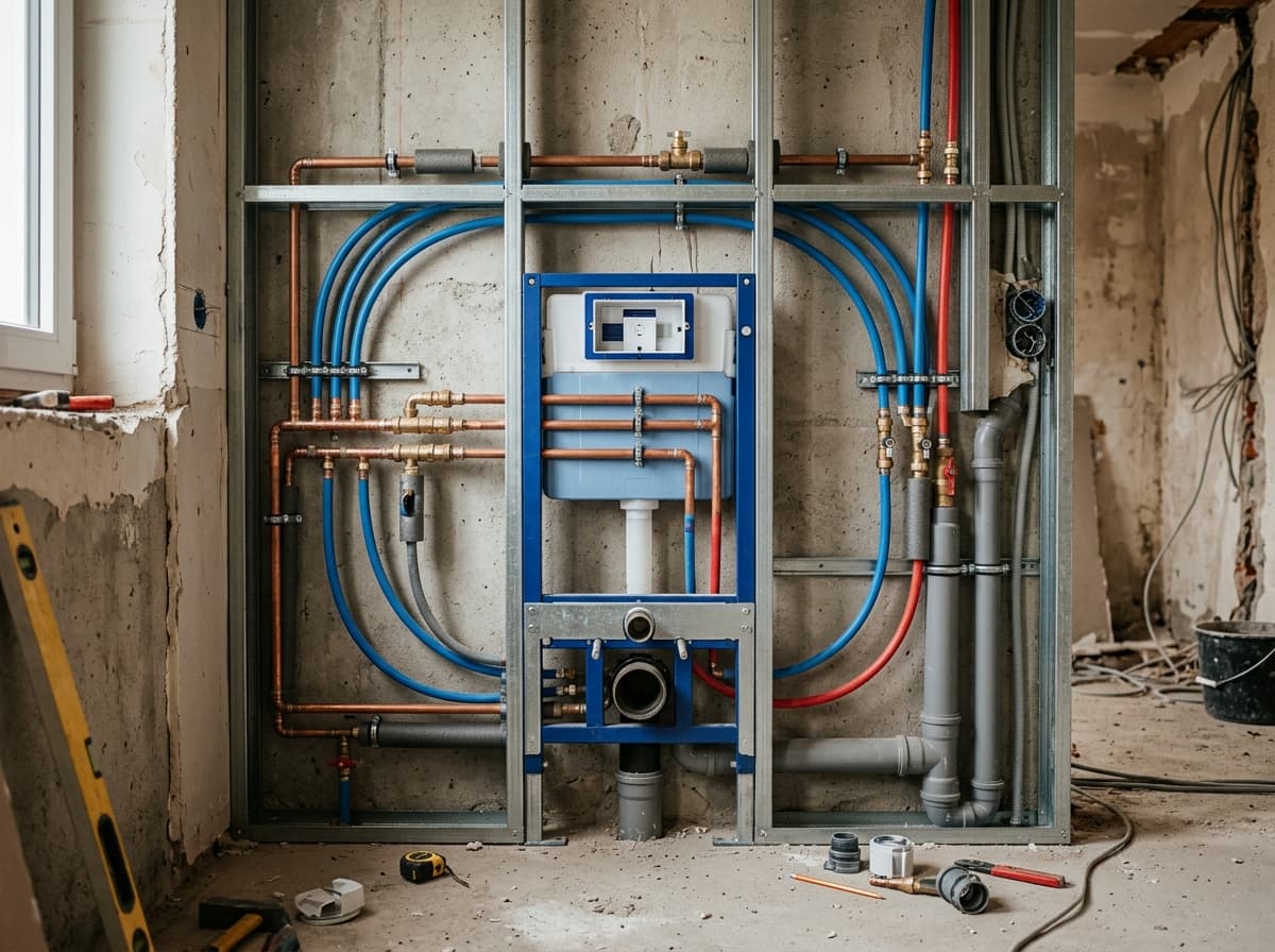 Saubere Vorwandinstallation mit Kupfer- und Kunststoffleitungen vor dem Verputzen