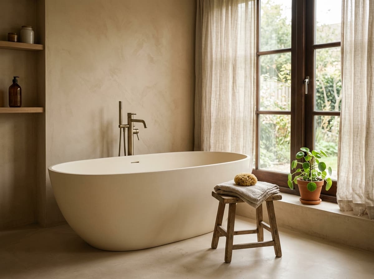 Fertig saniertes Bad mit freistehender Badewanne in warmen Naturtönen