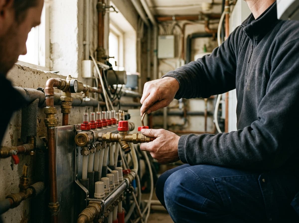 Zwei Handwerker justieren einen Ventilverteiler eines Heizkreises im Technikraum